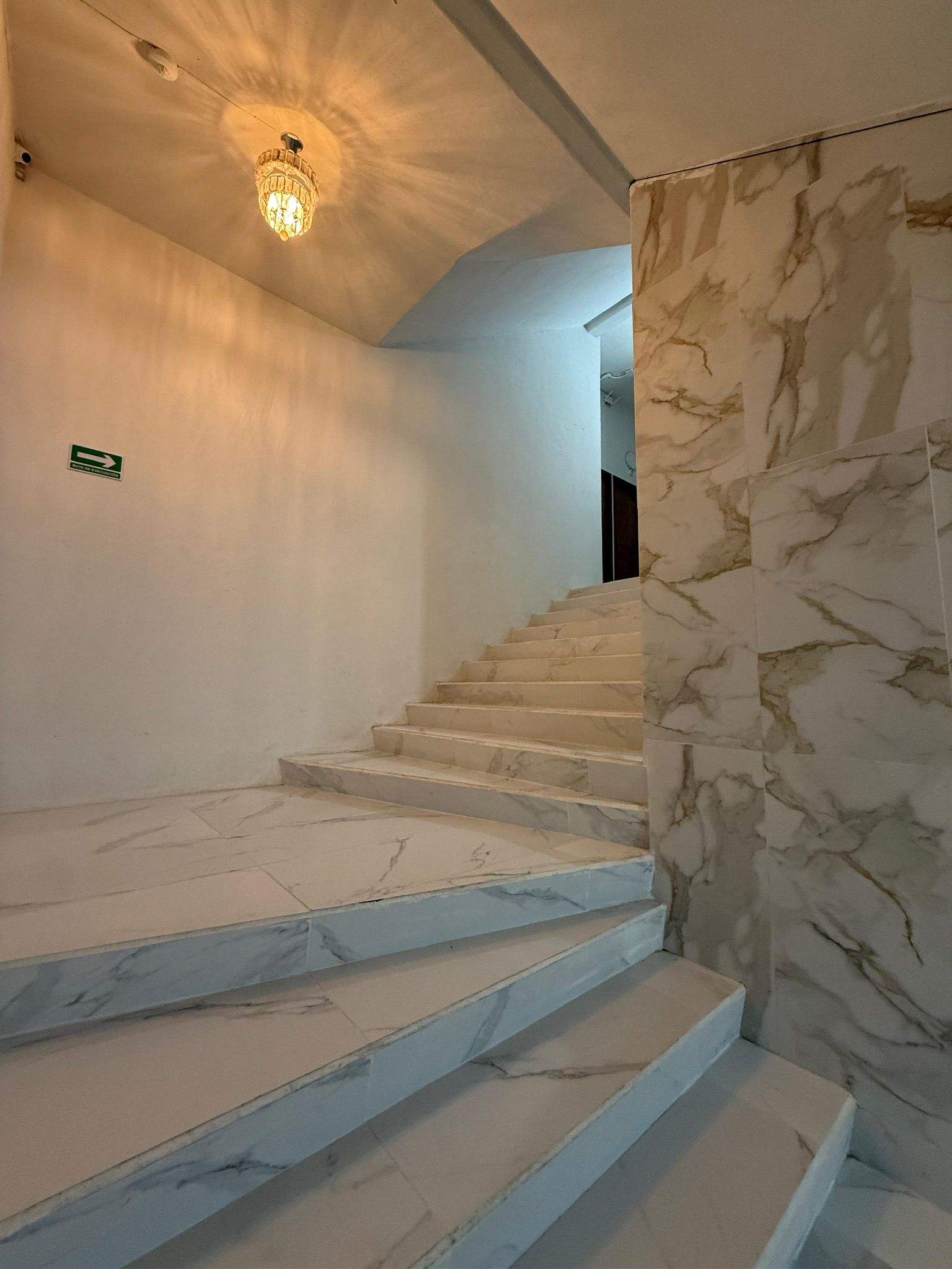 A staircase with marble steps leading to a landing.