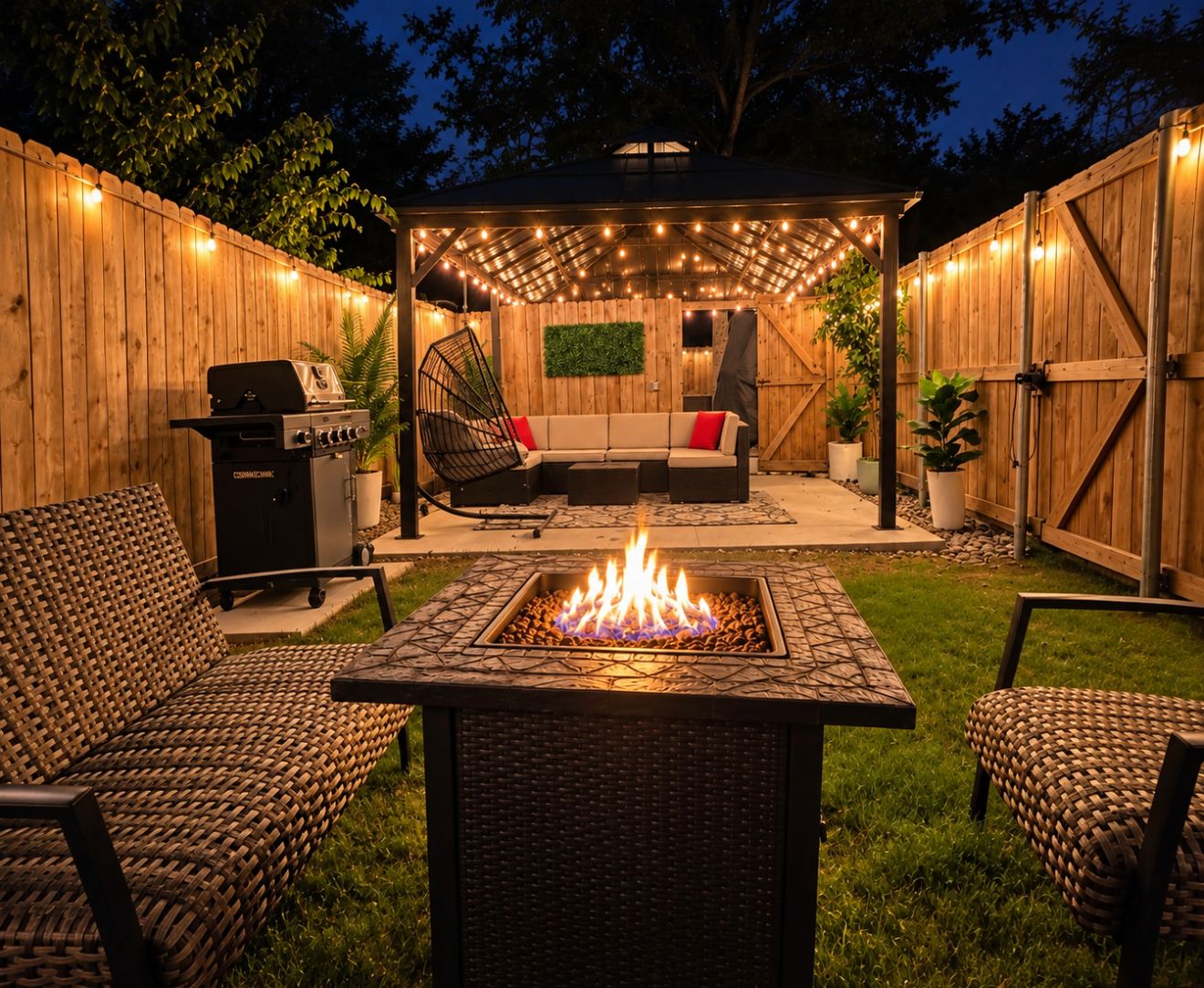 Une terrasse extérieure avec un foyer, des sièges et un barbecue.