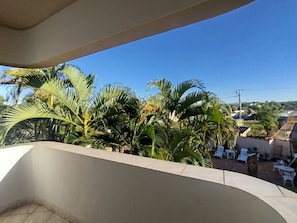 A balcony with a view of palm trees and a residential area. - Pousada dos Reis Ibirá (Ibira)
