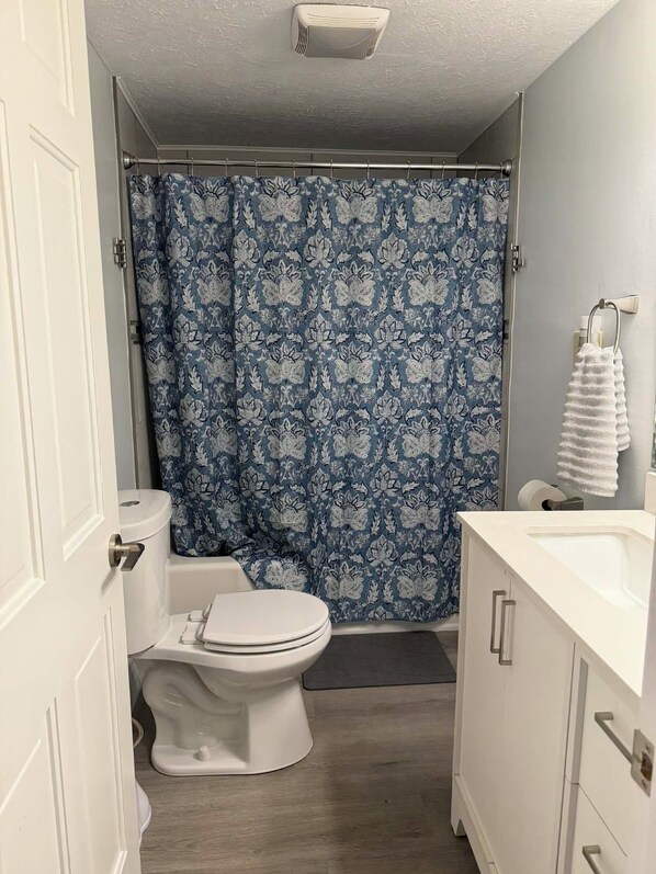 Une salle de bain avec des toilettes, un rideau de douche et un lavabo.