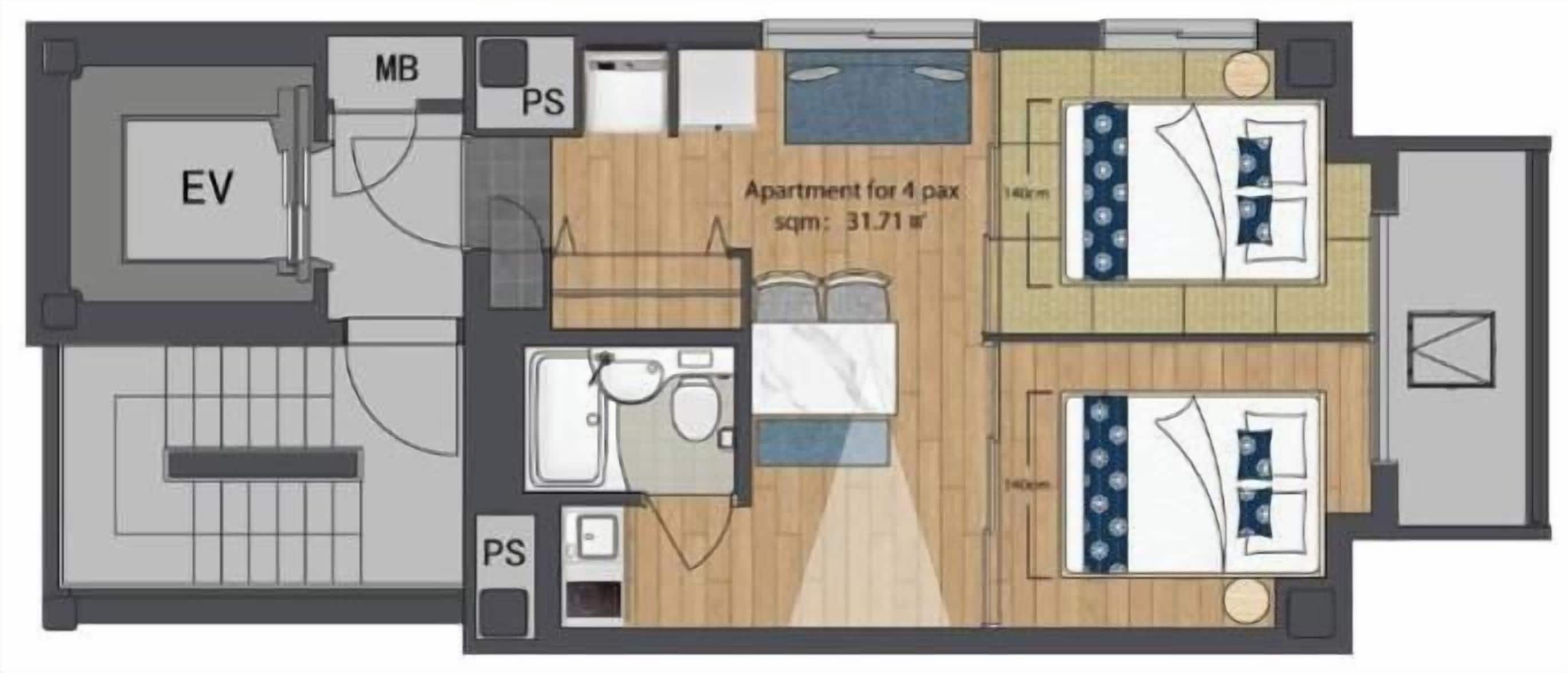 A hotel floor plan with an EV, MB, PS, and a 4-pax apartment.