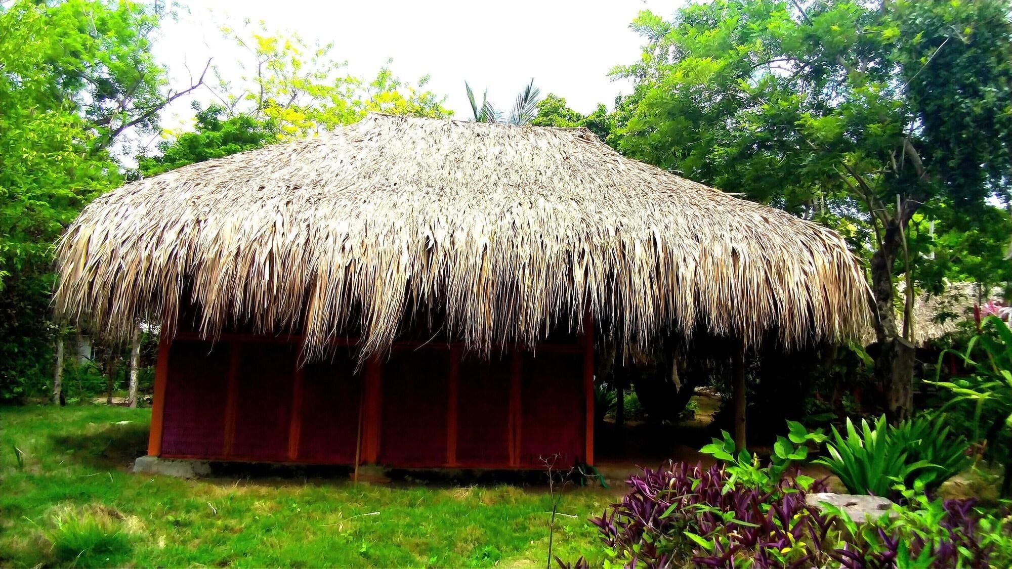 A thatched-roof structure with a red wall, surrounded by greenery.
