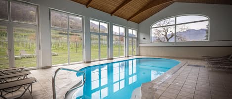 An indoor swimming pool with a wooden ceiling, large windows, and a view of a vineyard.