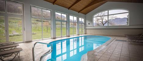 An indoor swimming pool with a wooden ceiling, large windows, and a view of a vineyard.