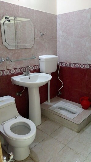 A bathroom with a toilet, bidet, and sink. - Rose Valley Hotel Naran (Balakot)