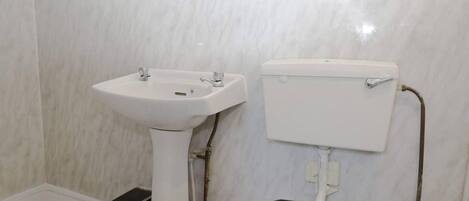 A bathroom with a white pedestal sink, a black toilet, and a white tank.