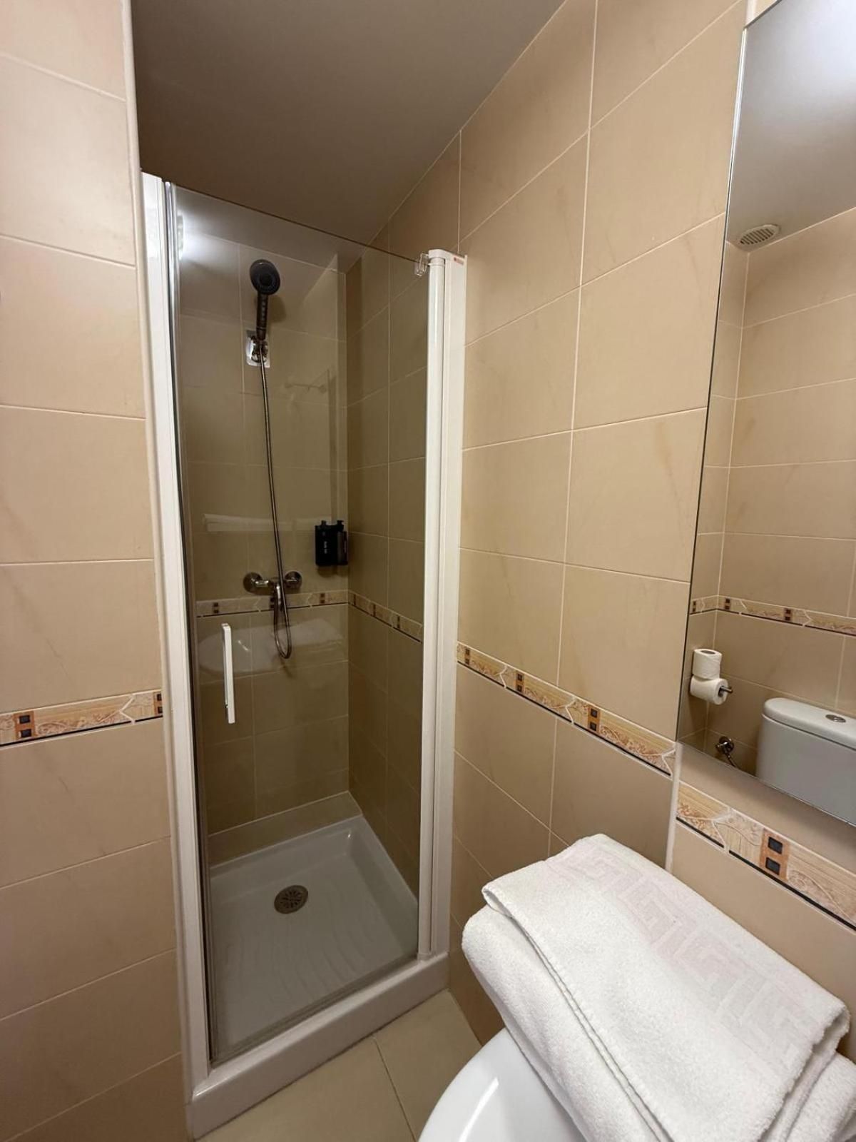 A bathroom with a glass-enclosed shower, a toilet, and a towel rack.