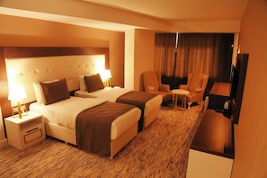 A hotel room with two beds, a desk, a chair, a TV, and a window with curtains. - Van Life Hotel (Van)