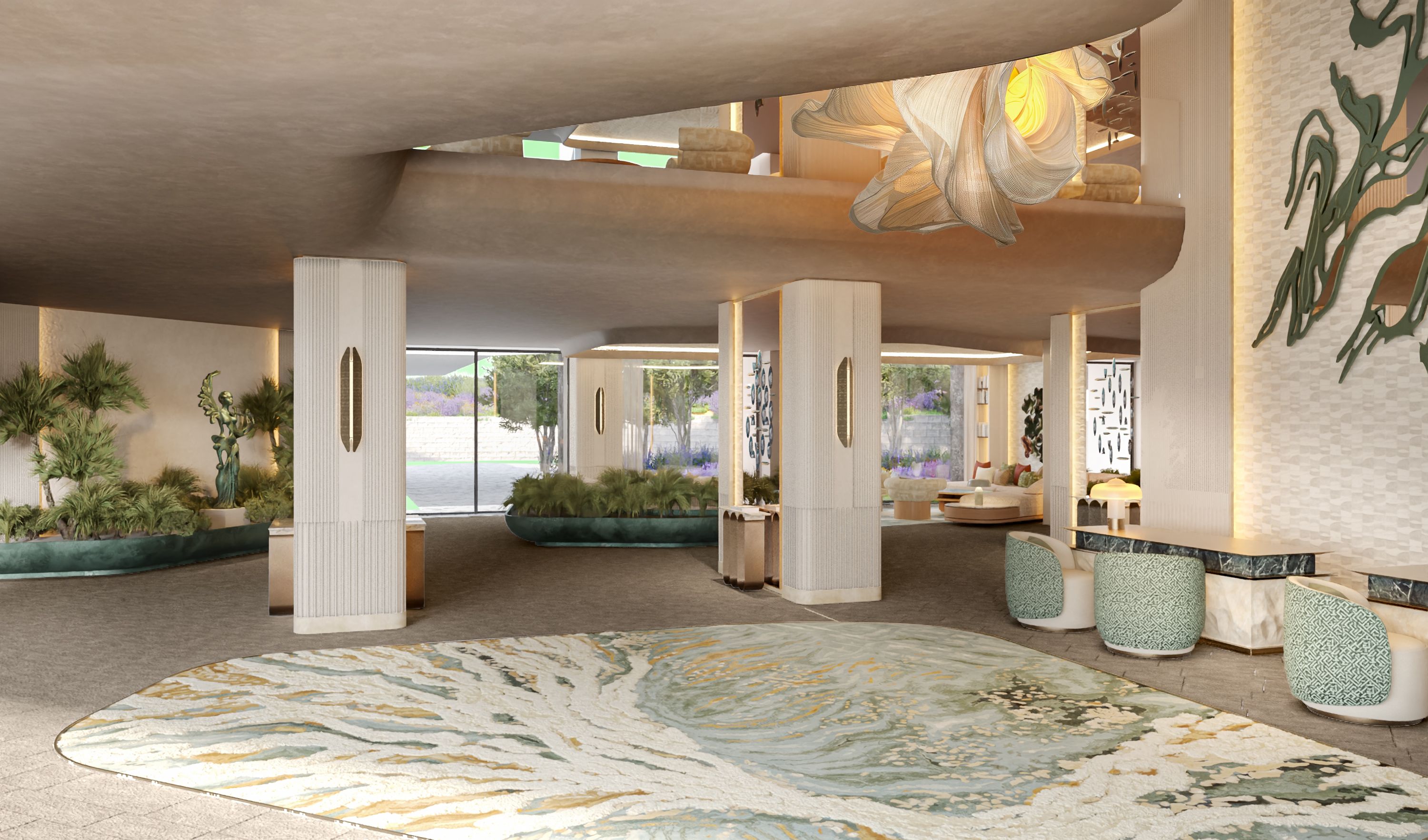 A spacious lobby with a large decorative rug, potted plants, and a seating area with a sofa and chairs.