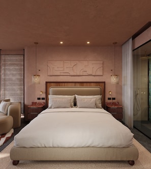 A modern bedroom with a large bed, a headboard with geometric patterns, two bedside tables with lamps, and a large window with a view.