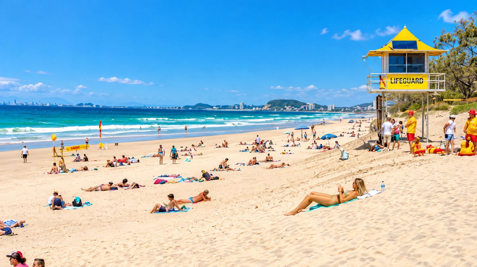 A beach with people sunbathing and swimming, a lifeguard tower, and a clear blue sky.