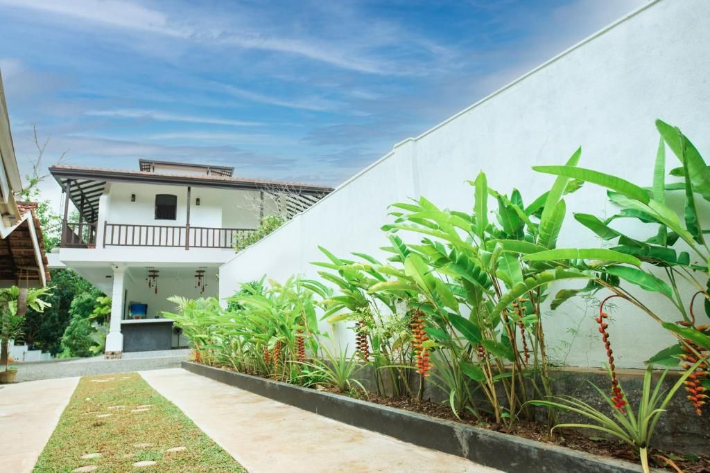 Un patio con un edificio blanco, un sendero adoquinado y diversas plantas verdes.