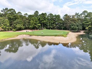 A golf course with a pond reflecting the sky and trees, surrounded by a dense forest. - Palmetto Paradise, Pet Dogs ONLY 20lbs max Pool, Golf & Fairway Views (Pawleys Island)