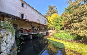 Un edificio con un balcone che si affaccia su un canale tranquillo, circondato da una vegetazione lussureggiante.