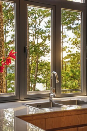 A kitchen with a double sink, a stainless steel faucet, and a view of trees through a window. - Dalat Lan Anh Village (Xuan Huong - Da Lat)