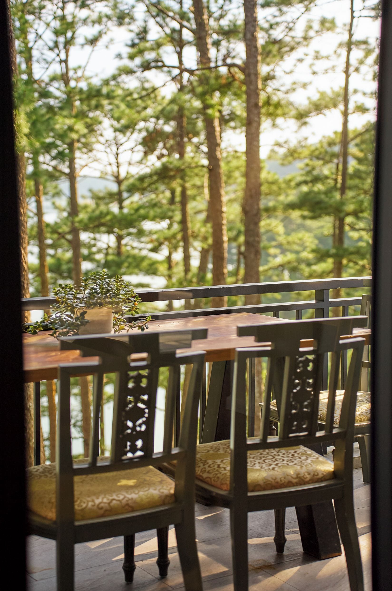 A dining area with a table and chairs, overlooking a forested area.