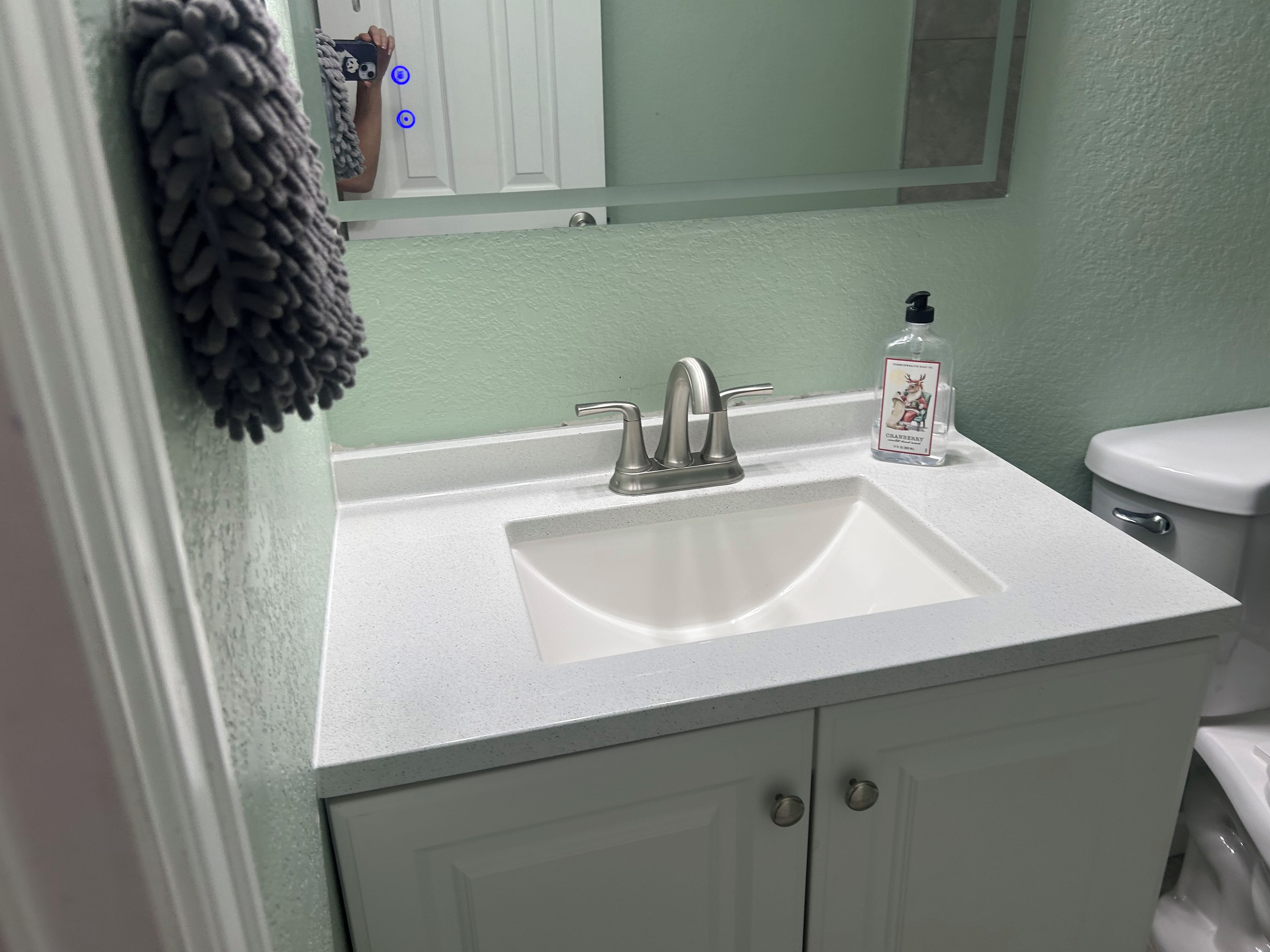 A bathroom with a white sink, a mirror above it, a toilet, and a bottle of hand soap on the counter.