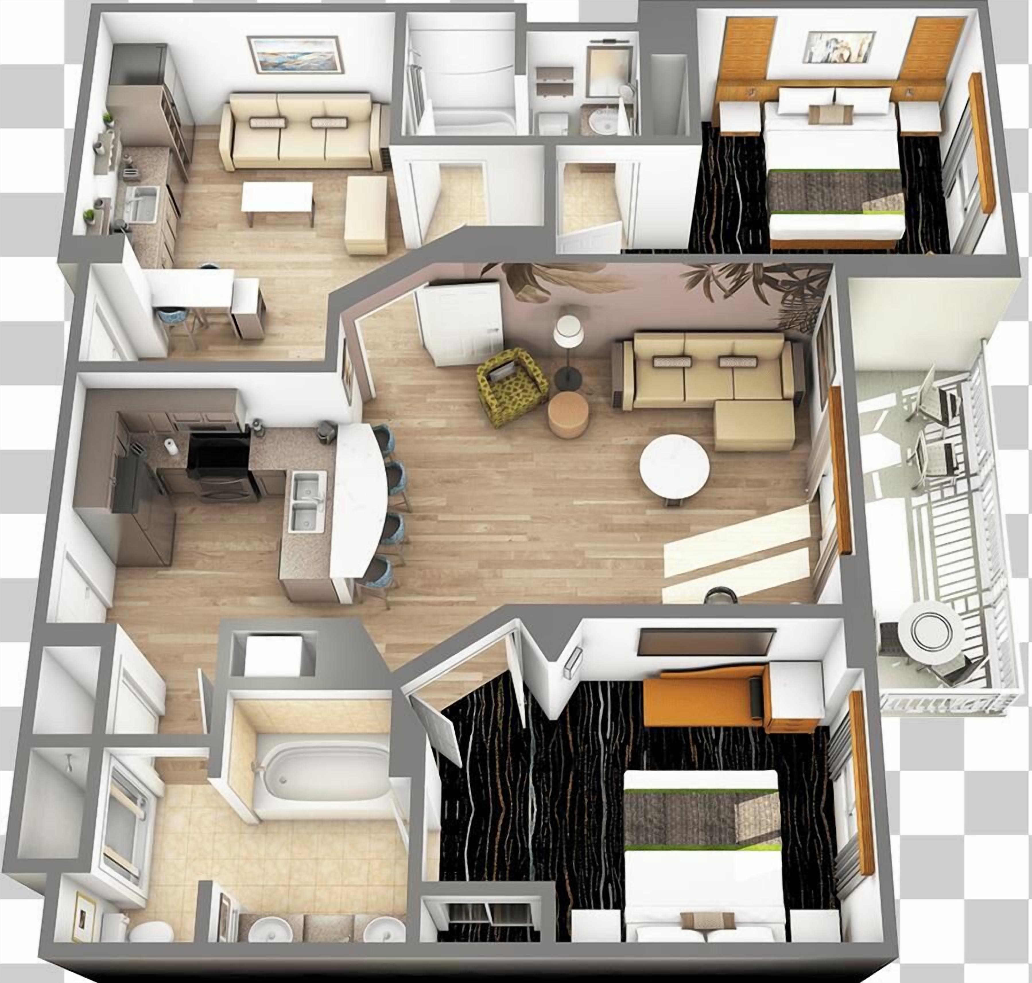 Plan d’étage d’une chambre d’hôtel comprenant un coin cuisine, un espace de vie avec un canapé et une table à manger, une chambre séparée avec un lit, et une salle de bain avec une baignoire et des toilettes.