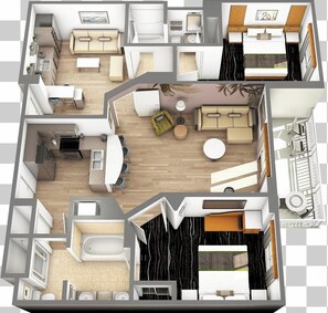 A floor plan of a hotel room with a kitchenette, a living area with a sofa and a dining table, a separate bedroom with a bed, and a bathroom with a bathtub and toilet. - Tahiti Village 2 Bedroom Deluxe Suite - Royal Tahitian (Las Vegas)