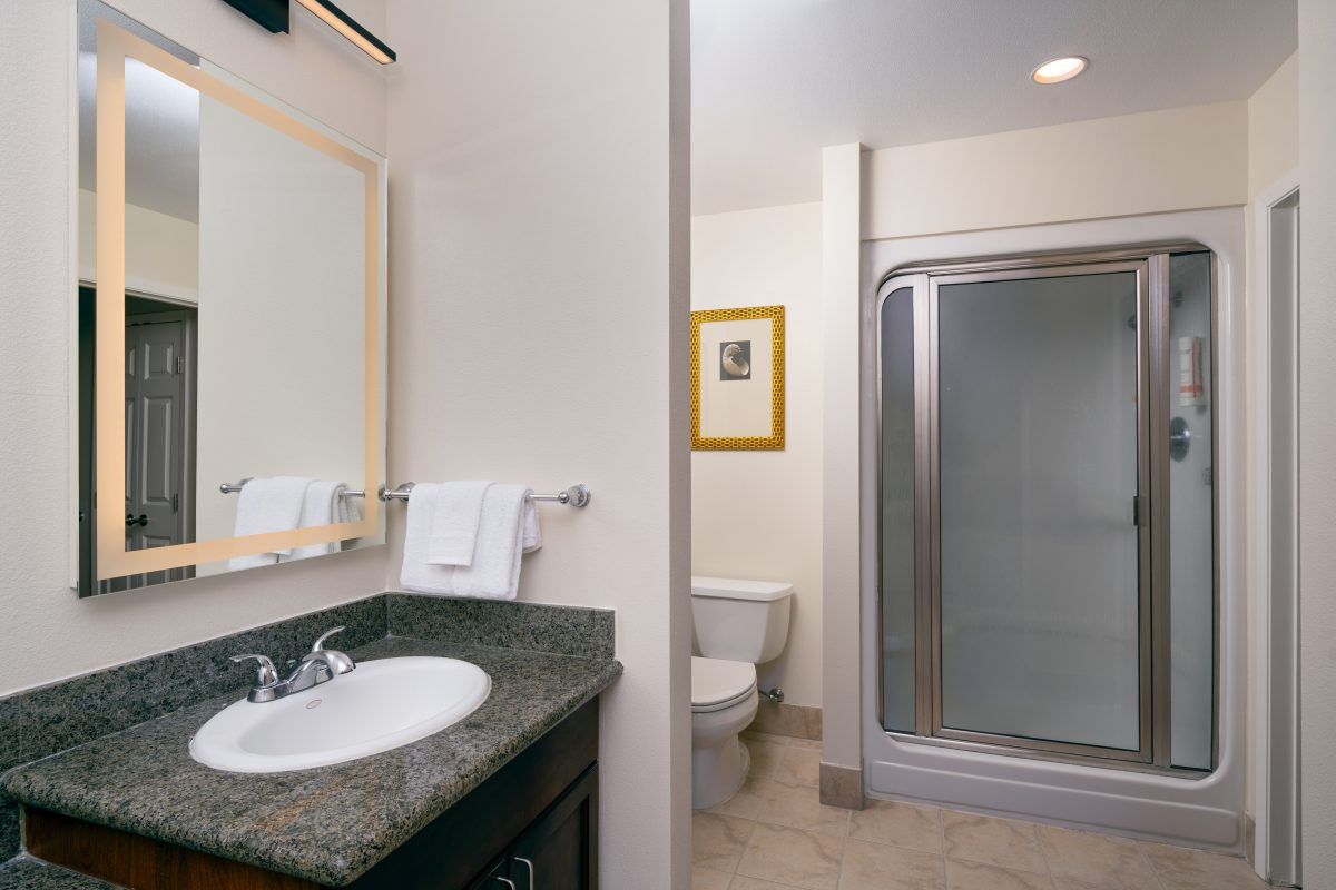 A bathroom with a sink, mirror, toilet, and shower.