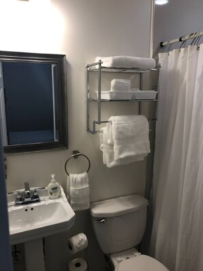 Een badkamer met toilet, wastafel, spiegel, een handdoekrek met handdoeken en een douchegordijn.