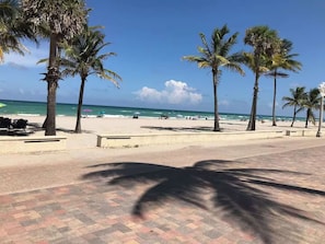 Een strand met palmbomen, een verharde looppad en de oceaan op de achtergrond.
