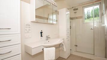 Ein modernes Badezimmer mit Waschbecken, Spiegel und Dusche.