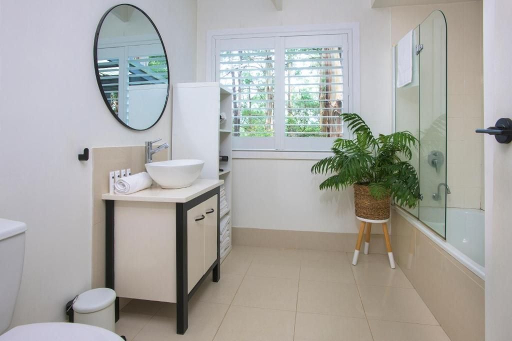 A bathroom with a toilet, sink, mirror, and a potted plant.