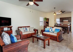 A living room with two sofas, a coffee table, and a TV displaying 'NETFLIX'. - Casa Cactus with a heated pool for 7 people in Centenario. (El Centenario)