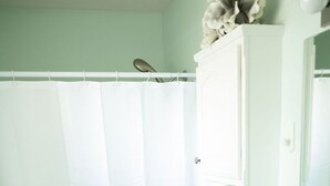 Ein Badezimmer mit Toilette, Waschbecken und Duschvorhang.