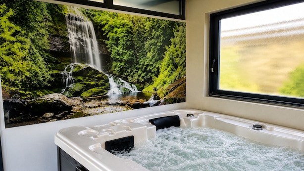 A hot tub with a waterfall mural, a window with a view, and a bathtub with a control panel. - 2 vacation rentals in Burgundy for 11 people Nature, optional spa, and pets welcome! (Recey-sur-Ource)