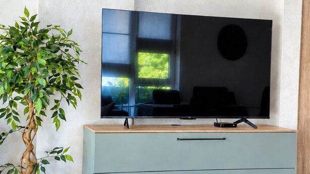 Un soggiorno moderno con una TV a schermo piatto su un mobile azzurro, un tavolino rotondo in legno e una pianta in vaso.