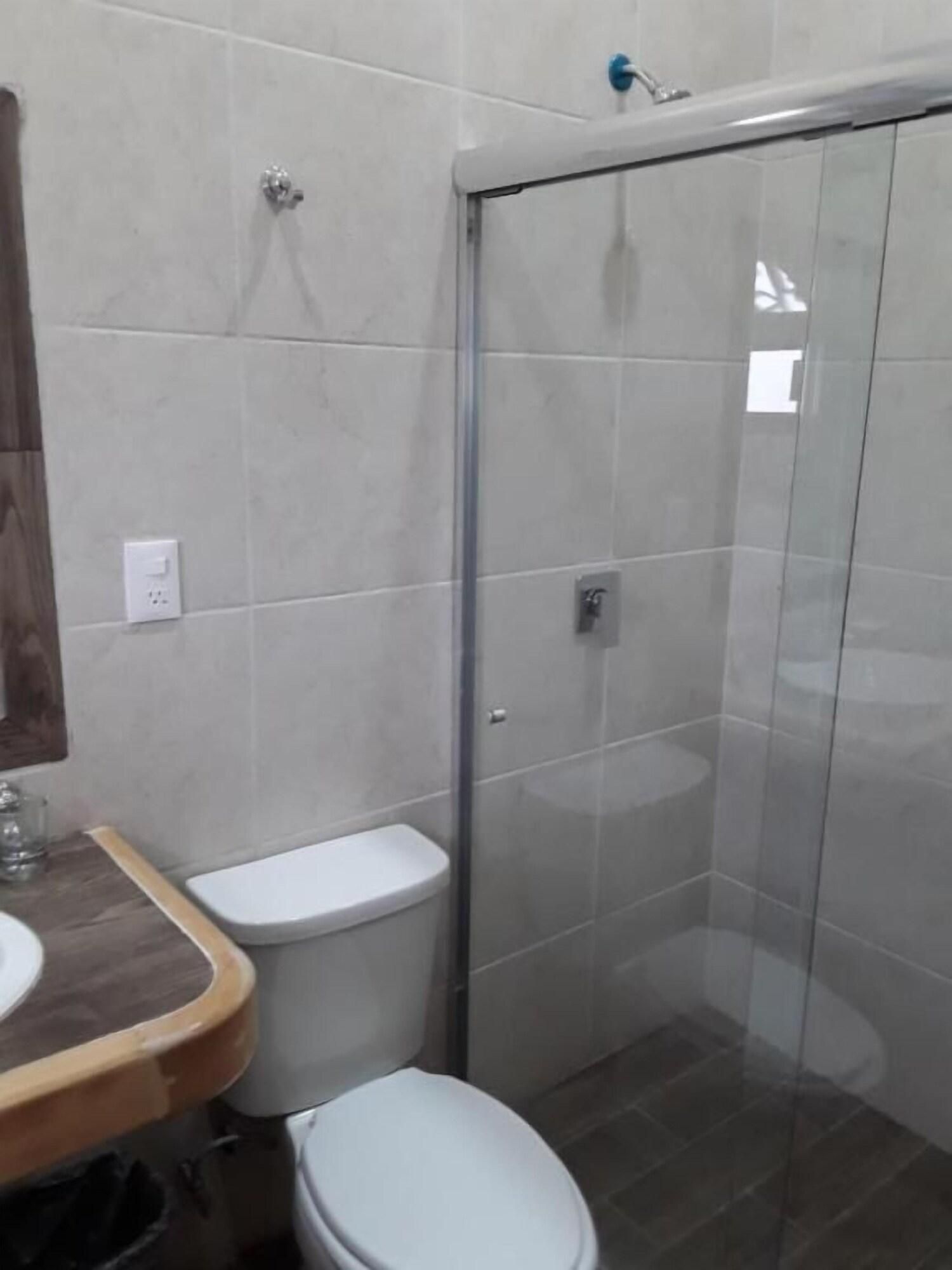 A bathroom with a toilet, a sink, and a shower enclosure.
