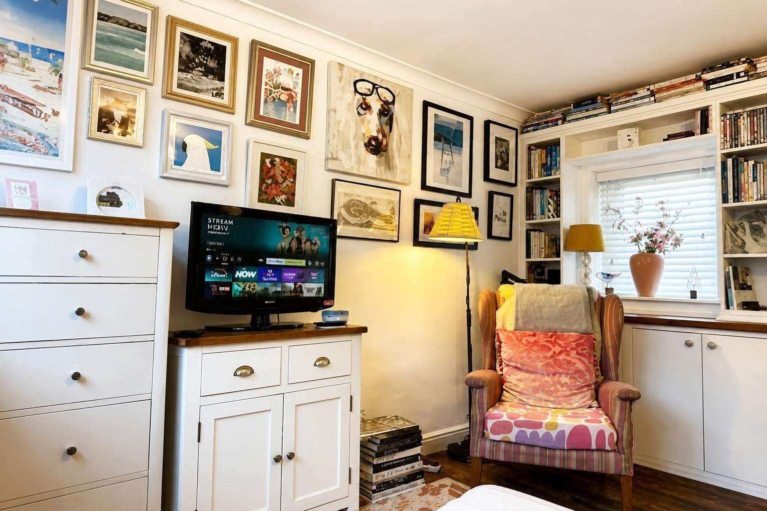 A living room with a television, a chair, a bookshelf, and various framed pictures on the wall.