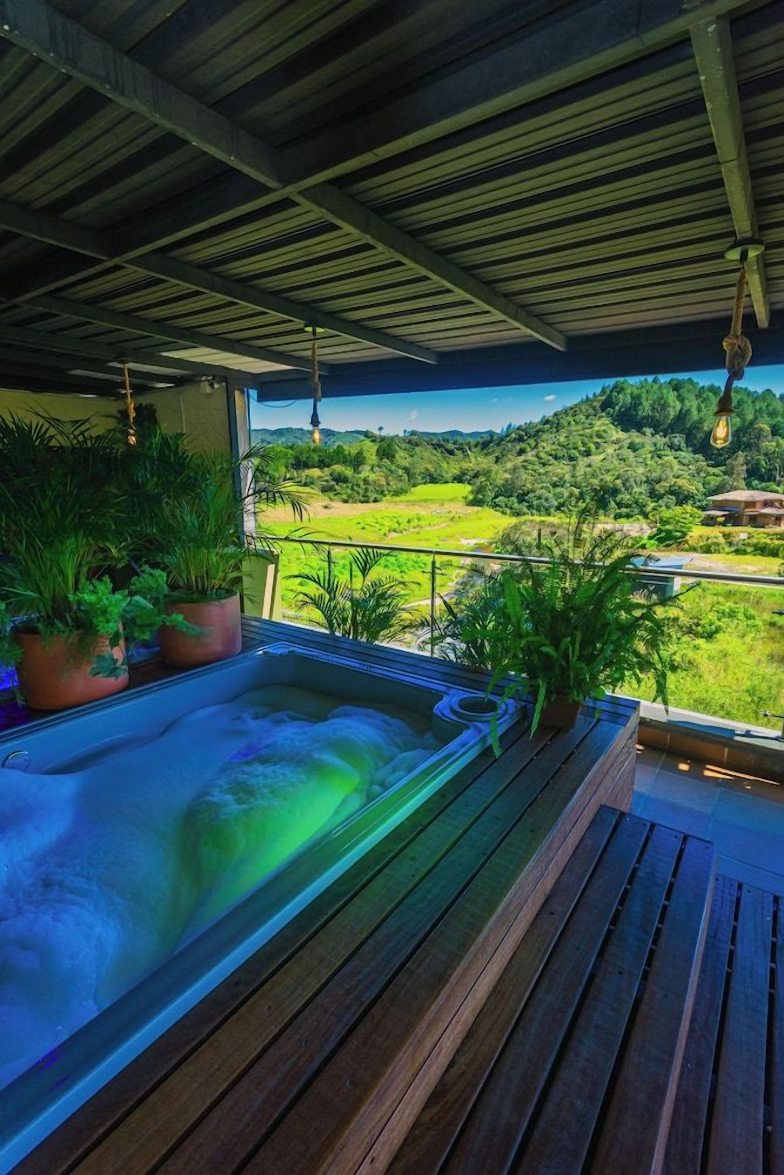 A hot tub with a wooden deck, surrounded by potted plants, overlooking a lush landscape.