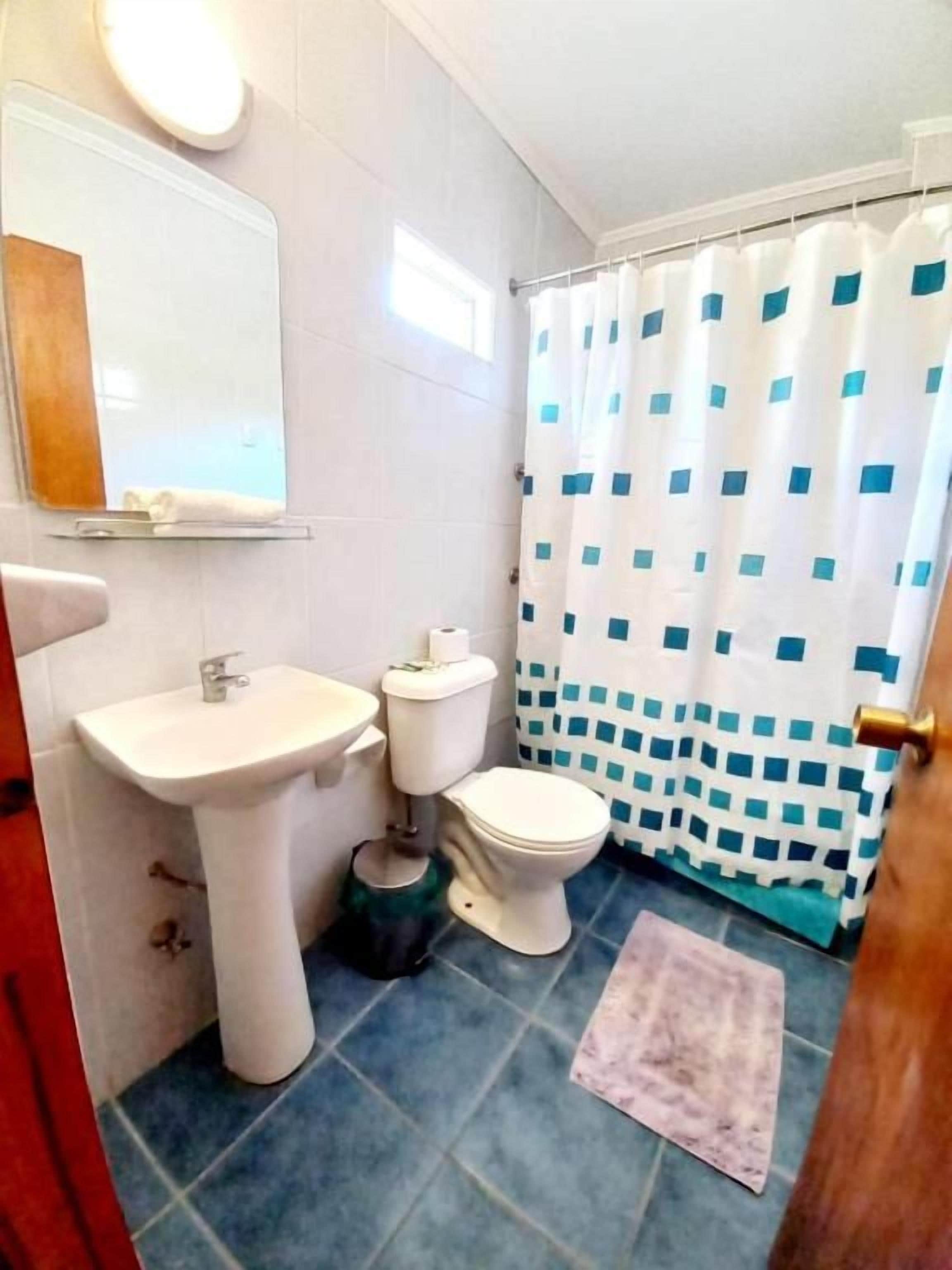 A bathroom with a sink, toilet, and shower curtain.