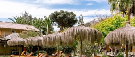 Un complejo turístico con sillones de madera y sombrillas de paja, rodeado de vegetación y un cielo despejado.