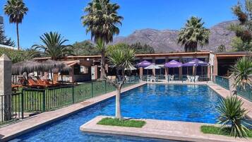 A swimming pool with lounge chairs and umbrellas, surrounded by palm trees and a mountain backdrop.