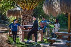 Un groupe de personnes se trouve autour d’un barbecue dans un parc, près d’un palmier et d’une structure à toit de chaume.