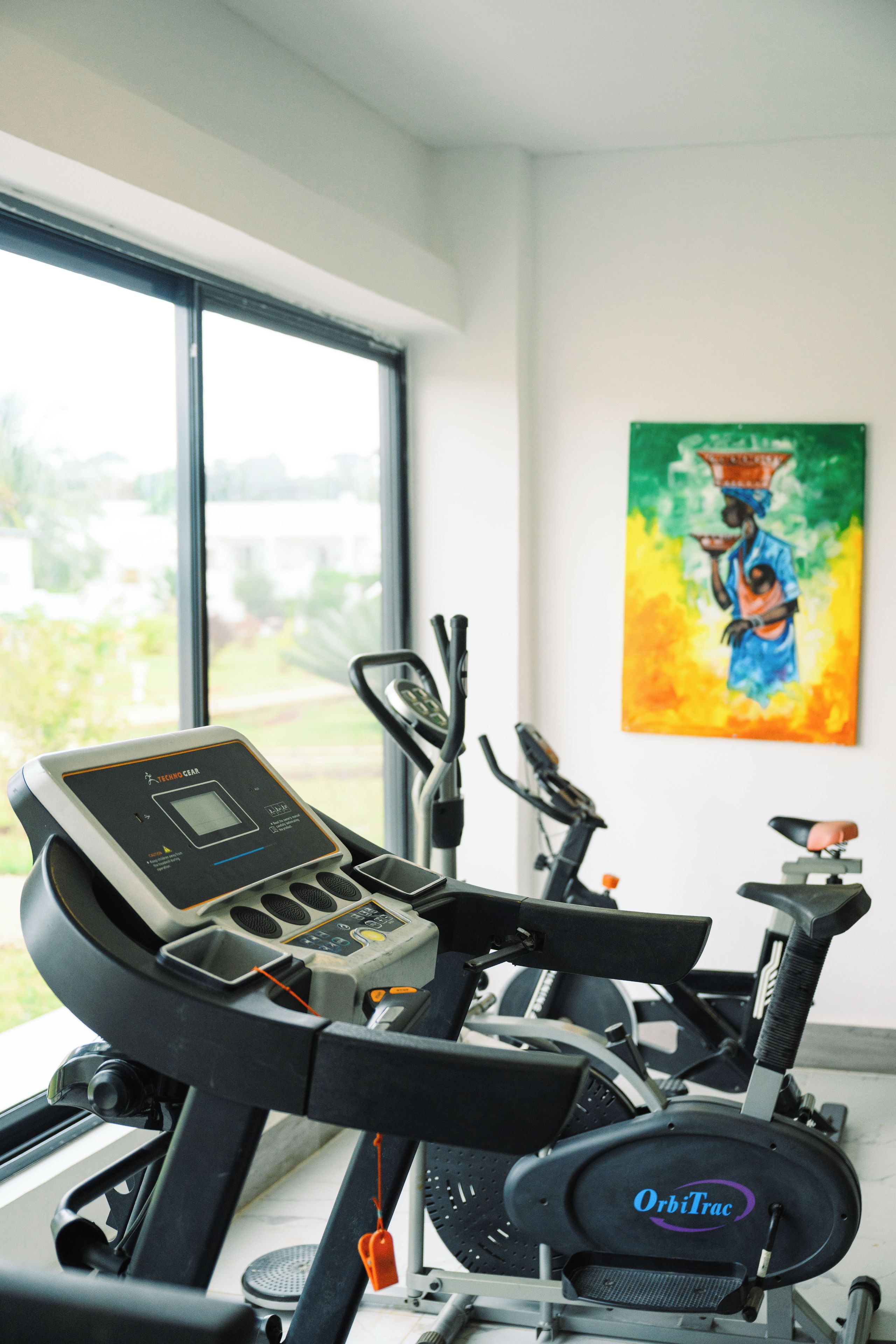 Une salle de sport équipée d’un tapis de course, de vélos d’appartement et d’un tableau accroché au mur.