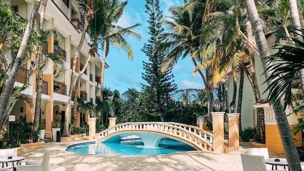 Un área de piscina con un puente, palmeras y mobiliario exterior.