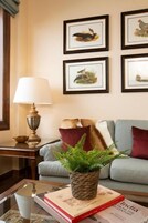 A living room with a sofa, a lamp, a coffee table with a book and a plant, and framed pictures on the wall.