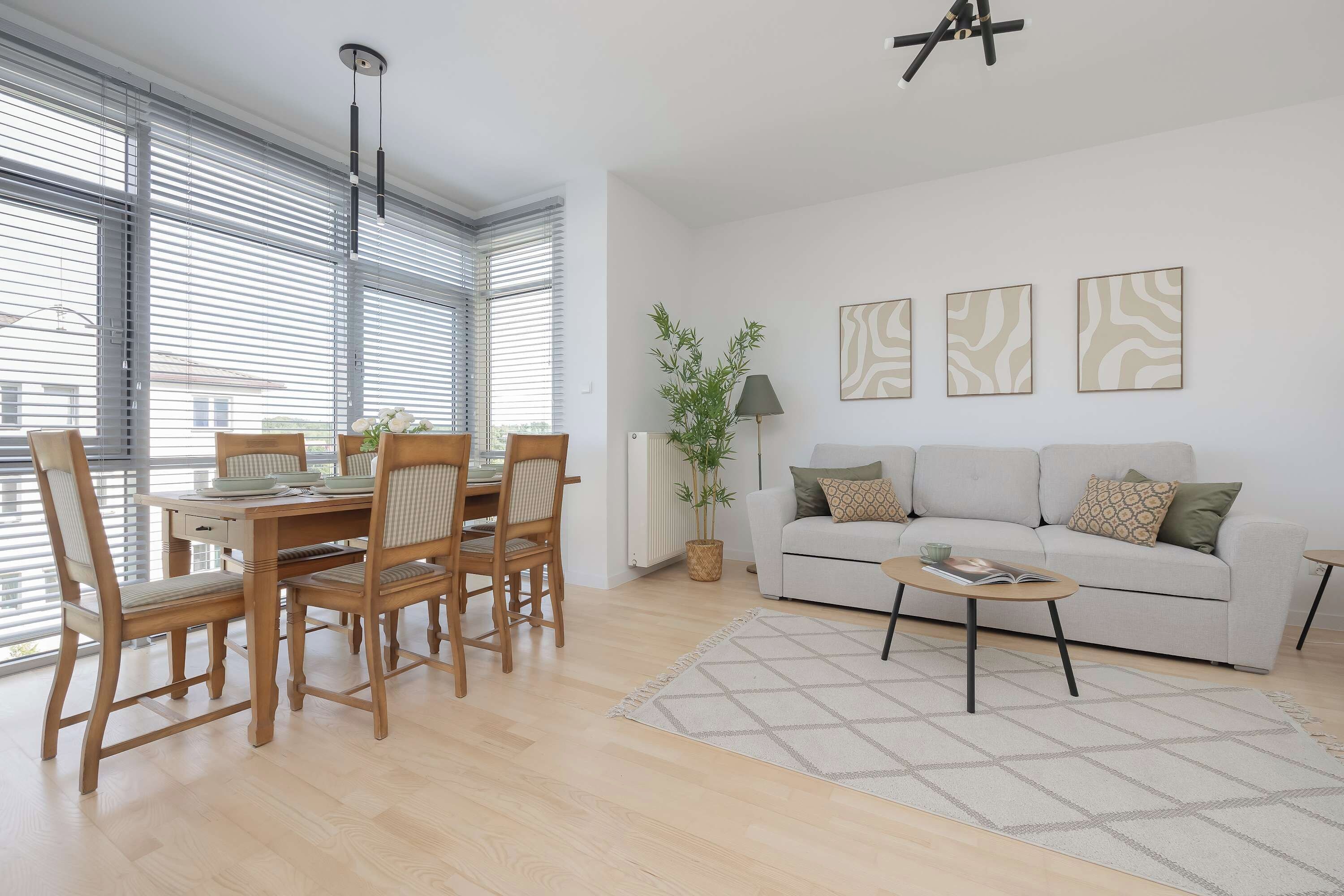 Een moderne woonkamer met een eethoek, met een bank, een salontafel en een eettafel met stoelen. Er zijn drie kunstwerken aan de muur en een pot met een plant.