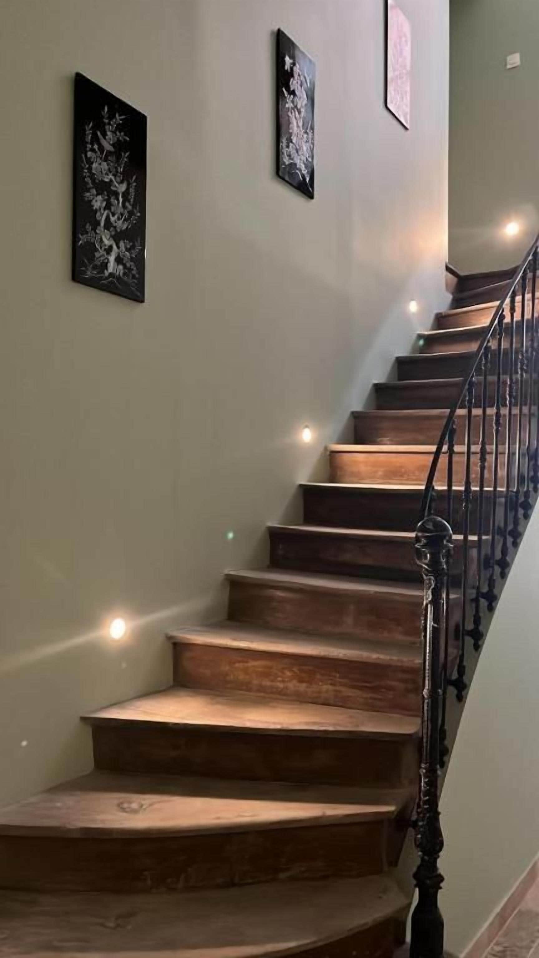A staircase with wooden steps and a black railing, leading to an upper floor.