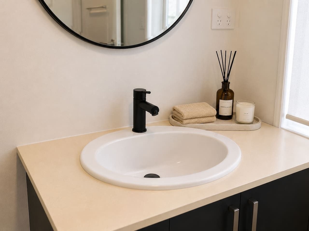 A bathroom with a white sink, black faucet, and a mirror above it. There are candles and a reed diffuser on the counter.