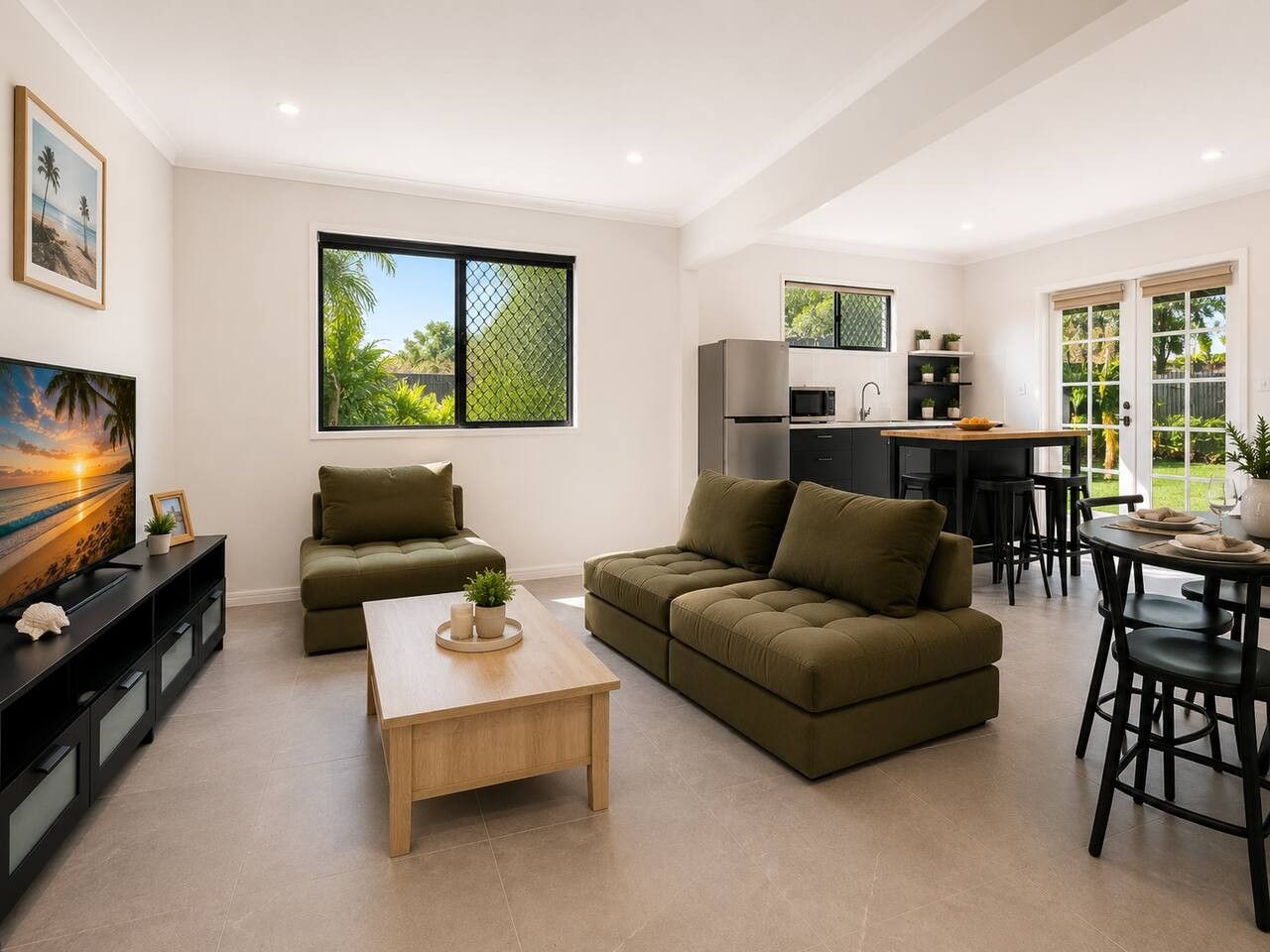 Ein modernes Wohnzimmer mit einer Couch, einem Couchtisch und einem Fernseher.