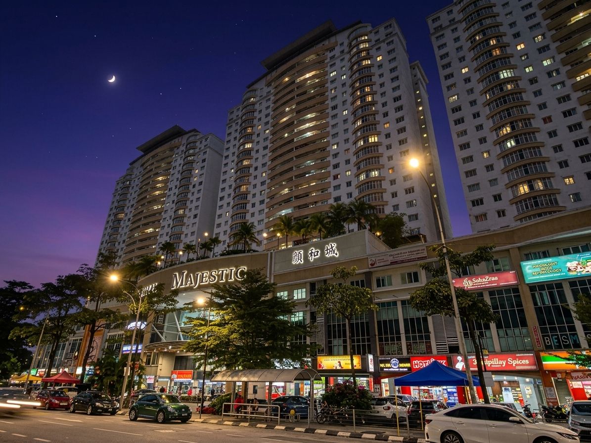 A high-rise building with multiple floors, a prominent 'MAJESTIC' sign, and several ground-level commercial establishments.