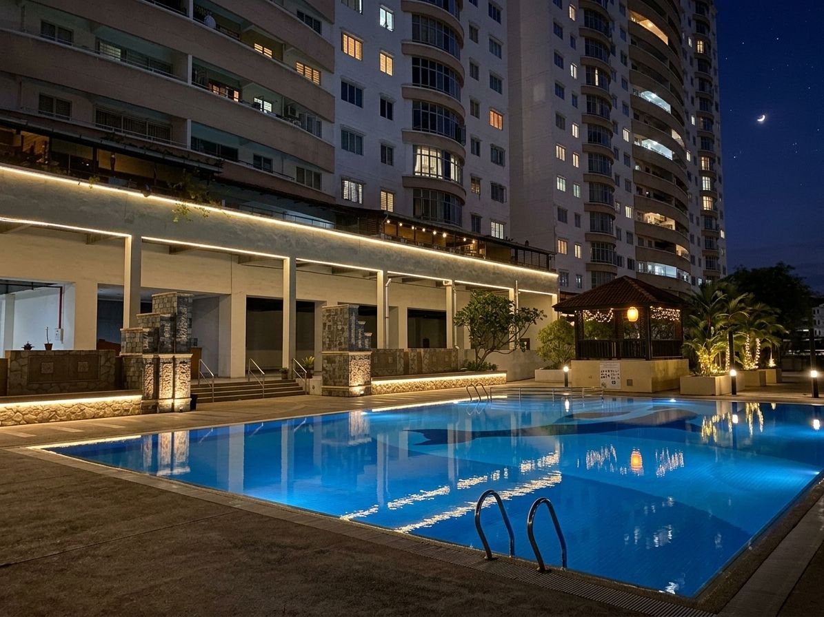 A swimming pool with a stone facade and steps leading up to it, surrounded by a modern building with balconies and lights.