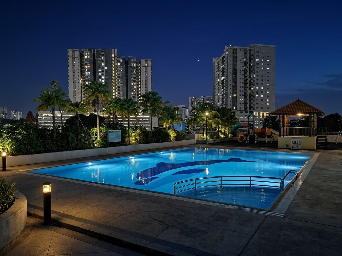 A swimming pool with a surrounding deck, palm trees, and high-rise buildings in the background.
