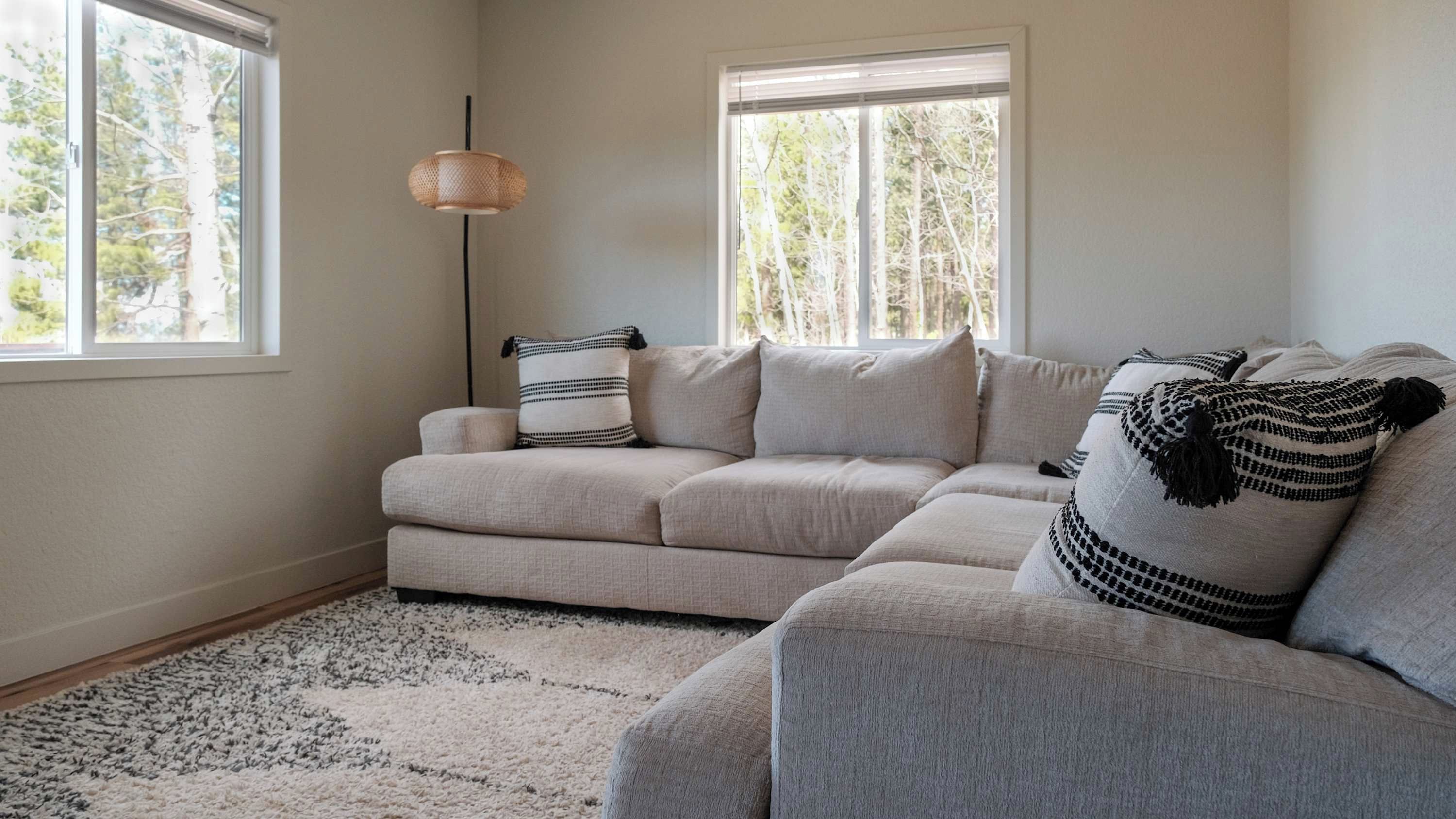 Un salon avec un canapé gris, un coussin décoratif à motifs, une lampe sur pied et une grande fenêtre donnant sur des arbres.